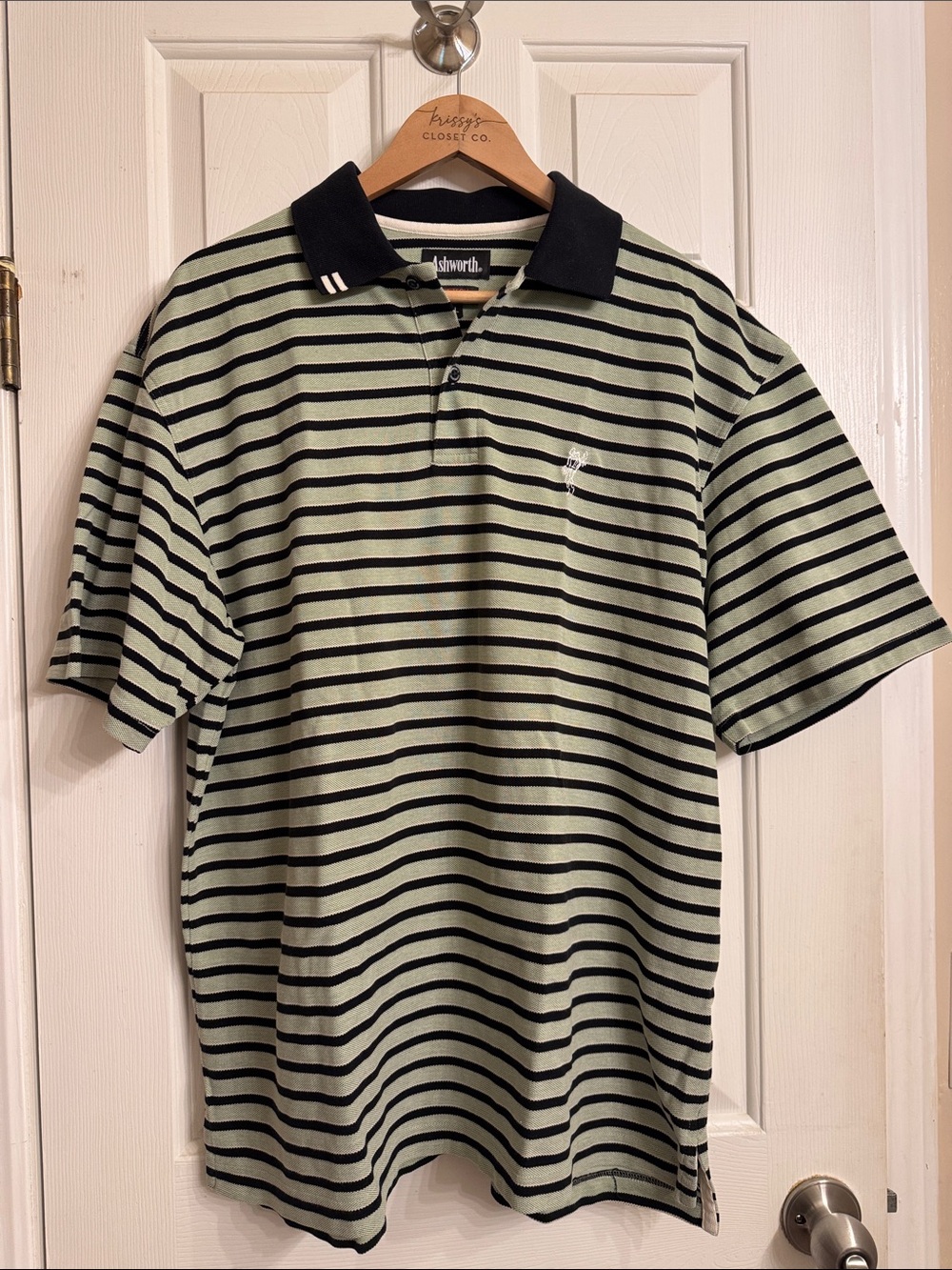 Ashworth Sage Green & Black Horizontal Stripe Golf Polo